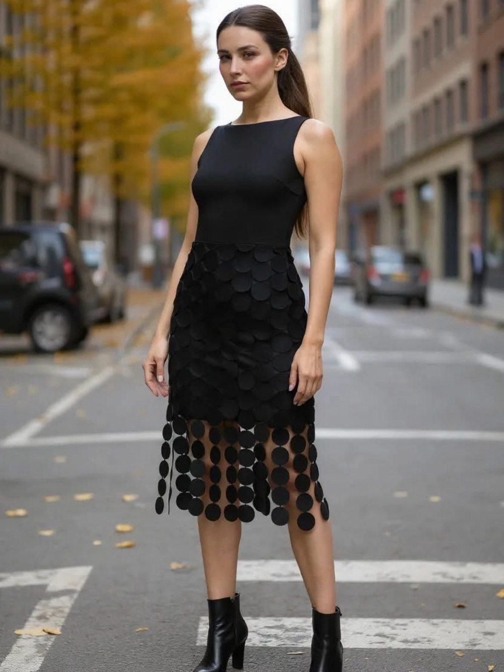 Dalia MacPhee Black Sleeveless Midi Dress with Circular Appliqué Hem Sz L NWT